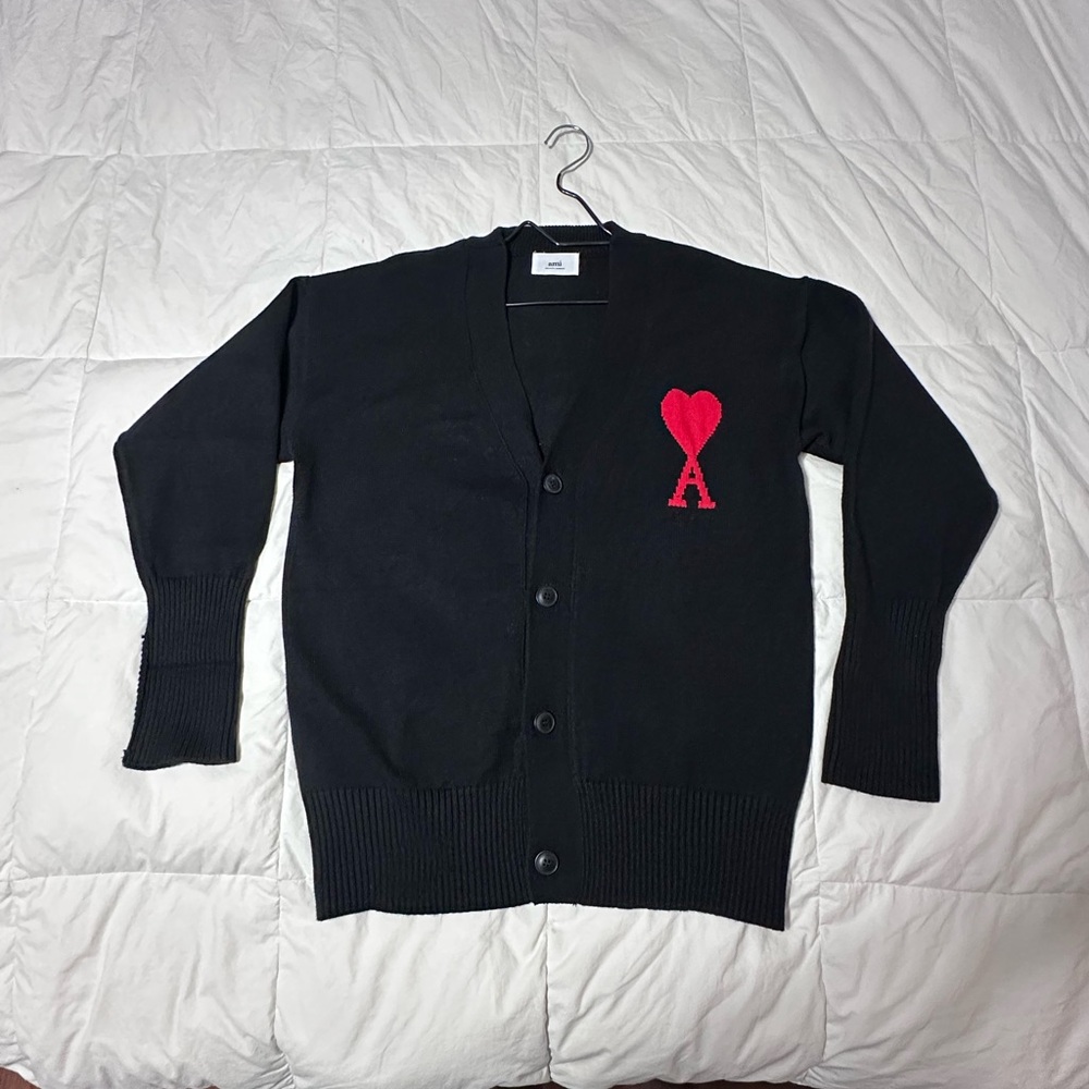 Ami Paris Mens XL Black Cardigan with Red Heart Logo New W/OT